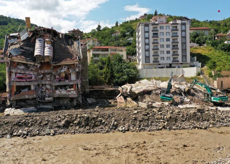 A view shows a partially collapsed building, as the area was hit by flash floods that swept through towns in the Turkish Black Sea region, in the town of Bozkurt, in Kastamonu province, Turkey, August 14, 2021.