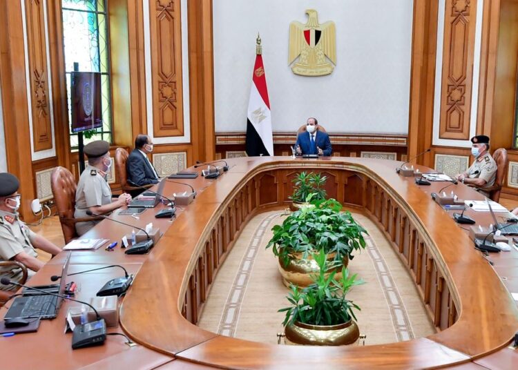 President Sisi during his meeting on Monday with senior government officials to follow up on the implementation of the project for the reclamation and cultivation of lands in central and north Sinai.
