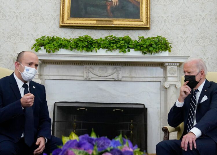 President Joe Biden meets with Israeli Prime Minister Naftali Bennett in the Oval Office of the White House, on Aug. 27, 2021, in Washington.