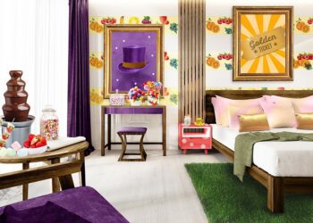 In this Willy Wonka-themed hotel room, you can lick the wallpaper