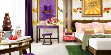 In this Willy Wonka-themed hotel room, you can lick the wallpaper