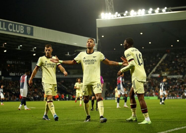 Arsenal's Pierre-Emerick Aubameyang celebrates scoring their fifth goal and his hat-trick against West Bromwich Albion at The Hawthorns, West Bromwich.