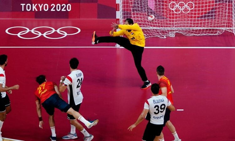 Antonio Jesus Garcia of Spain scores a goal against Egypt.