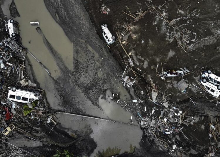 Turkey: Flood deaths rise to at least 44 as rescuers push on 1 - Egyptian Gazette An aerial photo shows overturned cars among destruction in a mud-covered street in Bozkurt town of Kastamonu province, Turkey. yesterday. The death toll from severe floods and mudslides in coastal Turkey has climbed to at least 40, the country's emergency and disaster agency said Saturday. Torrential rains that pounded the Black Sea provinces of Bartin, Kastamonu and Sinop on Wednesday caused flooding that demolished homes, severed at least five bridges, swept away cars and rendered numerous roads unpassable.