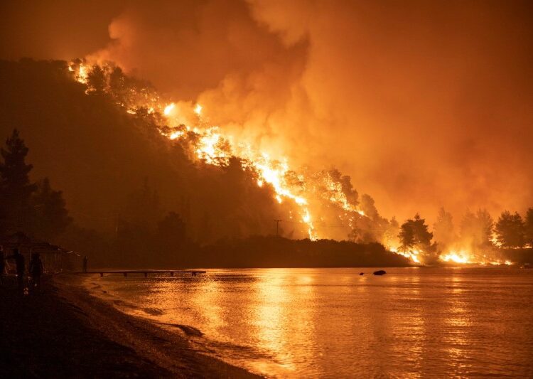 Flames rise as a wildfire burns in the village of Limni, on the island of Evia, Greece, August 7, 2021.