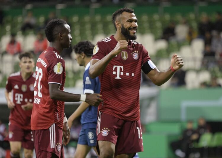 Bayern Munich's Eric Maxim Choupo-Moting celebrates scoring their tenth goal against Bremer SV at Weser-Stadion, Bremen.