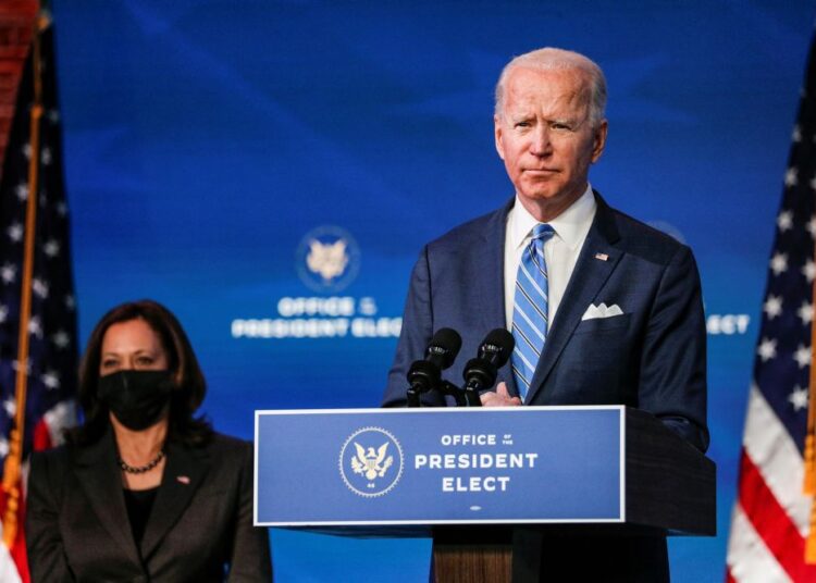 US President-elect Joe Biden delivers remarks during a televised speech on the current economic and health crises at The Queen Theatre in Wilmington, Delaware January 14, 2021.