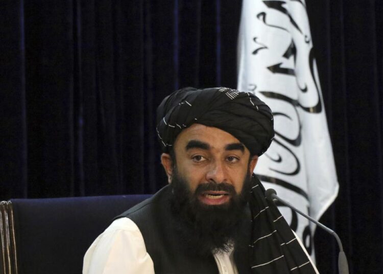 Taliban spokesman Zabihullah Mujahid speaks during a press conference in Kabul, Afghanistan Tuesday, Sept. 7, 2021.