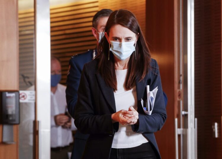 New Zealand Prime Minister Jacinda Ardern arrives at a press conference following the Auckland supermarket terror attack at parliament in Wellington, New Zealand, Friday, Sept. 3, 2021