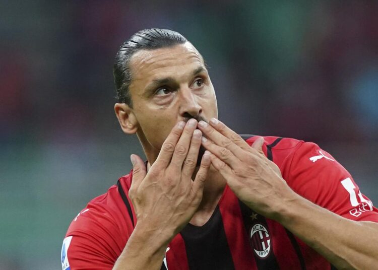 Milan's Zlatan Ibrahimovic celebrates after scoring against Lazio in Milan.
