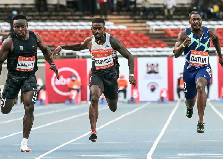 Justin Gatlin beaten in Nairobi 1 - Egyptian Gazette Justin Gatlin (R) could only finish third behind Trayvon Bromell (C) and Ferdinand Omanyala in the men's 100m race in Nairobi.