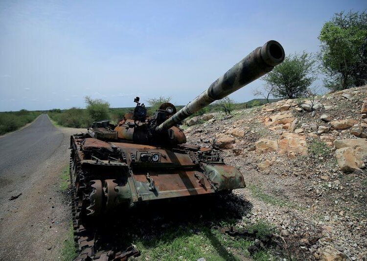A tank damaged during the fighting between Ethiopia's National Defense Force (ENDF) and Tigray Special Forces stands on the outskirts of Humera town in Ethiopia July 1, 2021.