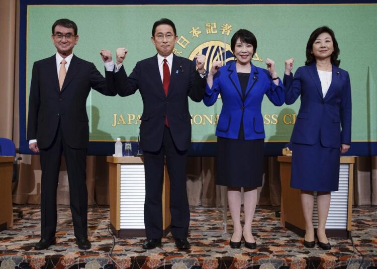 Candidates for the presidential election of the ruling Liberal Democratic Party posing prior to a debate session hosted by the Japan National Press Club in Tokyo.
