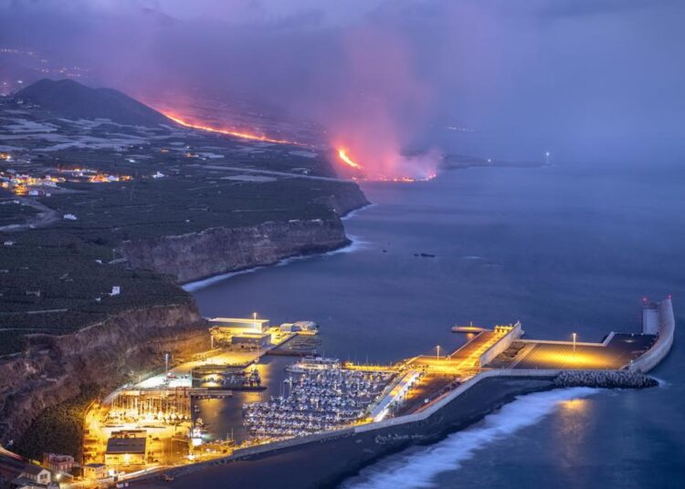Lava from a volcano reaches the sea on the Canary island of La Palma, Spain, Wednesday Sept. 29, 2021. Lava from a volcano that erupted Sept. 19 on Spain's Canary Islands has finally reached the Atlantic Ocean after wiping out hundreds of homes and forcing the evacuation of thousands of residents.