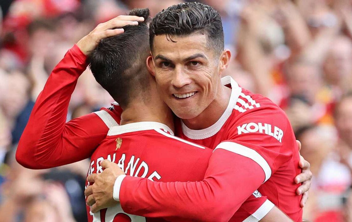 Manchester United's Cristiano Ronaldo celebrates after scoring the opening goal during the English Premier League match against Newcastle United.