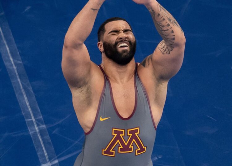 United States' Gable Dan Steveson celebrates after defeating Georgia's Gennadij Cudinovic during their men's freestyle 125kg wrestling final match at the 2020 Summer Olympics in Chiba, Japan on Aug. 6, 2021.