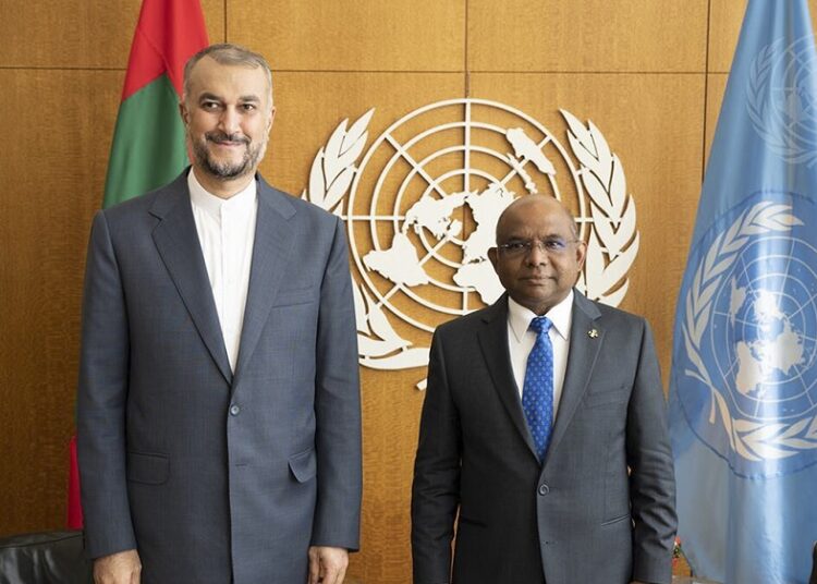 United Nations General Assembly President Abdulla Shahid of Maldives, right, meets with Iran's Foreign Minister Hossein Amir Abdollahian, during 76th session of the United Nations General Assembly, on Sept. 23, 2021, at UN headquarters.