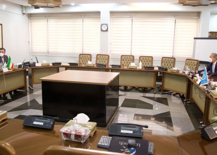 International Atomic Energy Agency (IAEA) Director General Rafael Grossi meets with head of Iran's Atomic Energy Organization Mohammad Eslami, in Tehran, Iran, September 12, 2021.