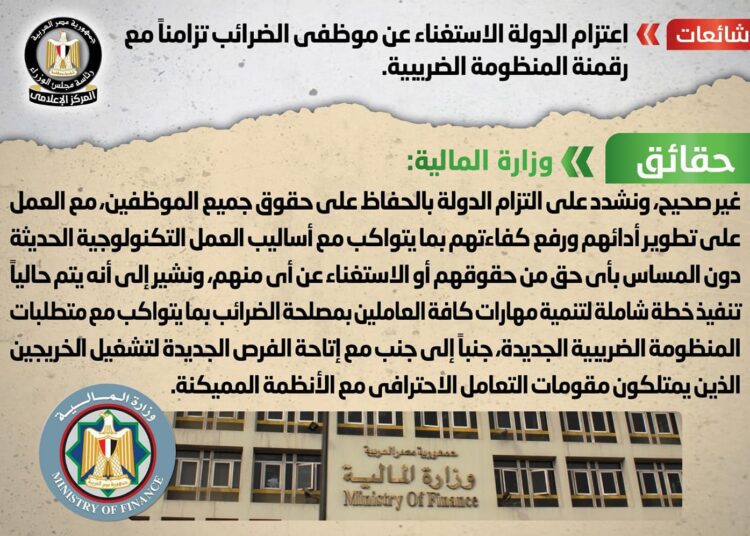 The Egyptian cabinet media center denied reports claiming that the state is planning to dismiss the tax employees with the application of the digitization in the tax management system.