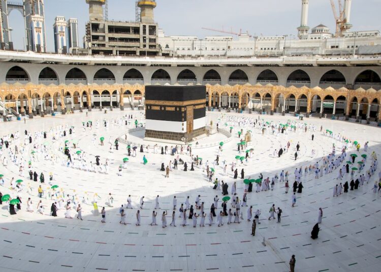 Pilgrims keeping social distance perform their Umrah in the Grand Mosque during the annual Haj pilgrimage, in the holy city of Mecca, Saudi Arabia, July 17, 2021.