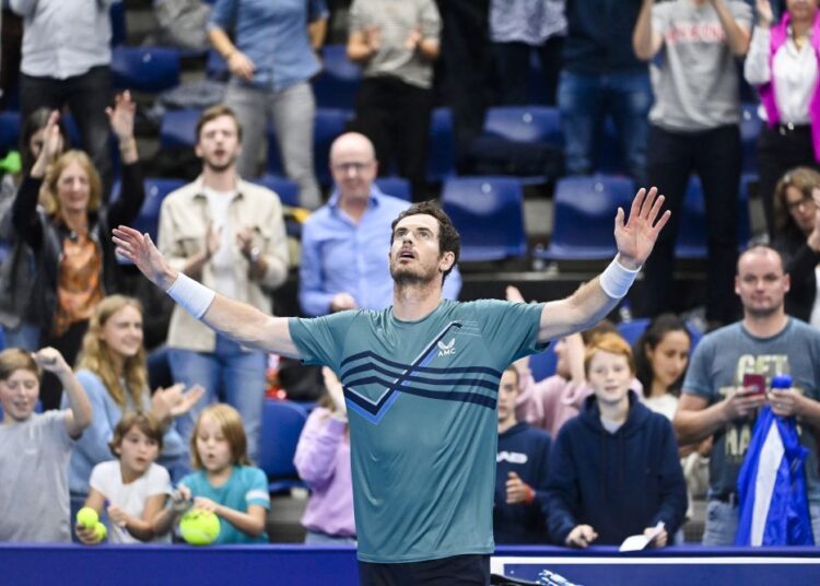 Andy Murray celebrates after beating Frances Tiafoe in the first round of the European Open Tennis ATP tournament in Antwerp October 19, 2021.