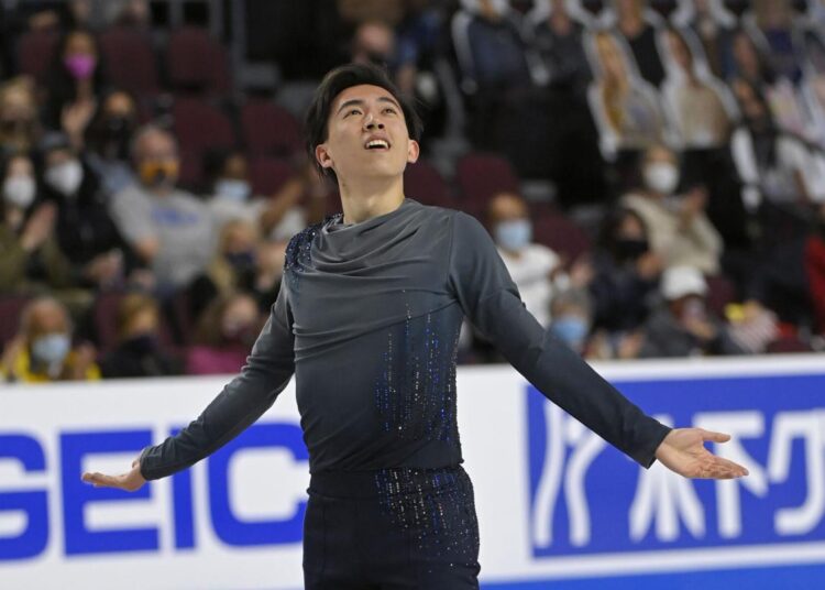 Vincent Zhou performs during the men's short program at the Skate America figure skating event in Las Vegas.