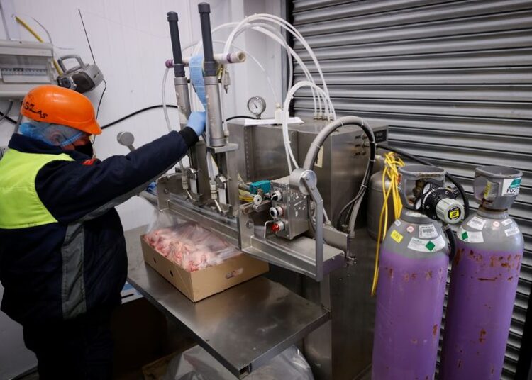 A worker uses Carbon Dioxide as part of the packaging process at the Soanes Poultry factory near Driffield, Britain, October 12, 2021.