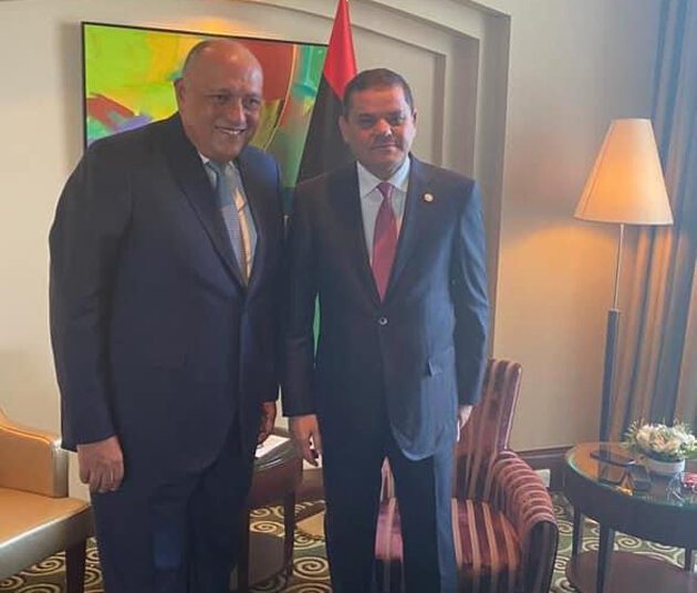 Foreign Minister Sameh Shoukri in a photo with Prime Minister of Libya's GNA Abdel Hamid Dbeibeh on Thursday.