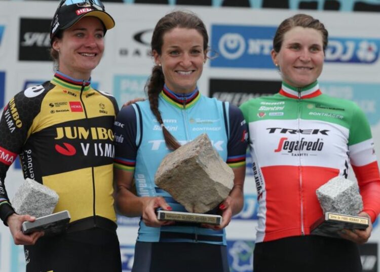 From L-R: Marianne Vos; Lizzie Deignan and Elisa Longo Borghini. Deignan rode to a landmark victory in the inaugural Paris Roubaix Femmes.
