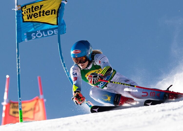 United States' Mikaela Shiffrin speeds down the course during the women's World Cup giant slalom, in Soelden.