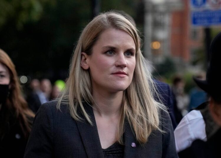 Facebook whistleblower Frances Haugen leaves after giving evidence to the joint committee for the Draft Online Safety Bill, as part of British government plans for social media regulation, at the Houses of Parliament, in London, on Oct. 25, 2021.