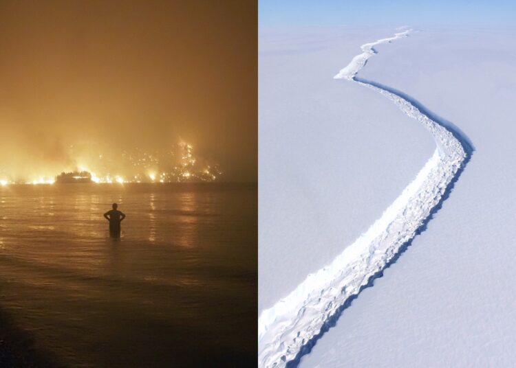 In this combination of 2021 and 2017 photos, a man watches as wildfires approach Kochyli beach on the Greek island of Evia, and a rift in the Antarctic Peninsula's Larsen C ice shelf is observed during a flyover by NASA