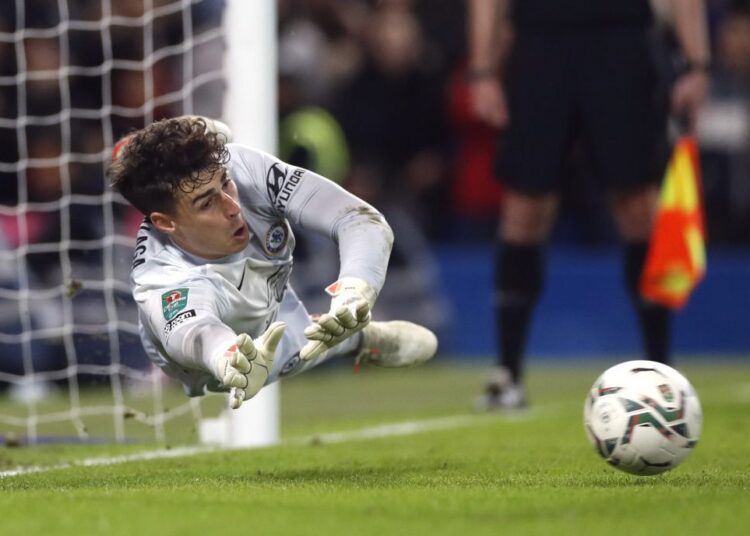 Chelsea's Kepa Arrizabalaga in action against Southampton during penalties in the Carabao Cup at Stamford Bridge, London.