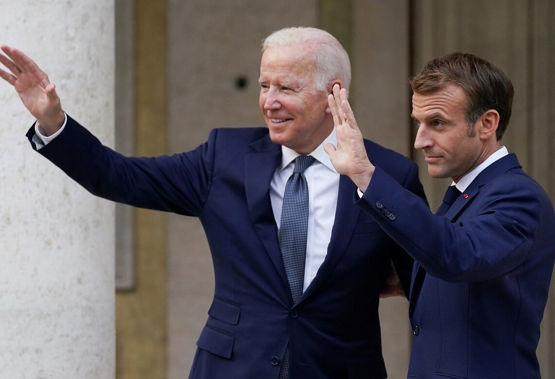 US President Joe Biden meets with French President Emmanuel Macron ahead of the G20 summit in Rome, Italy, October 29, 2021.