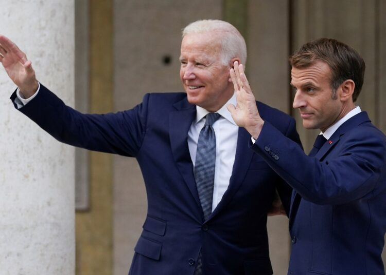 US President Joe Biden meets with French President Emmanuel Macron ahead of the G20 summit in Rome, Italy, October 29, 2021.
