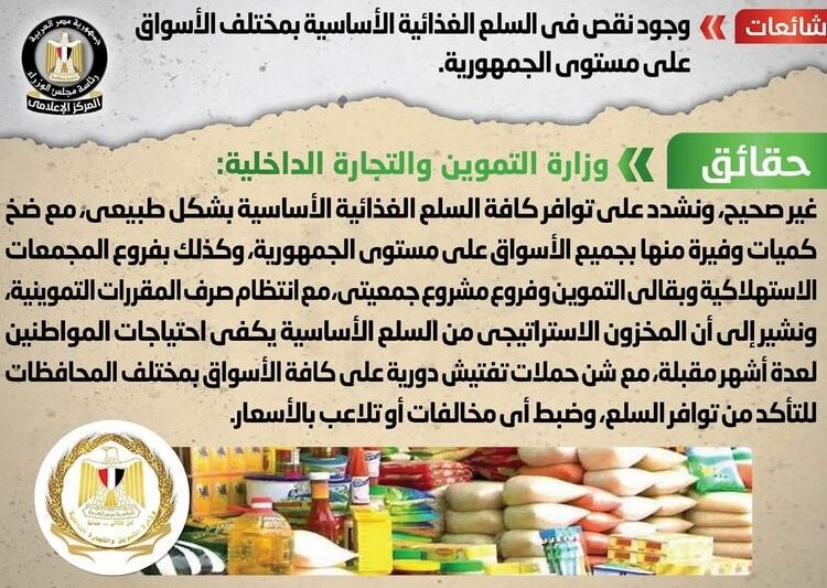 Cabinet denies shortage in basic food commodities nationwide 1 - Egyptian Gazette Egypt's Cabinet’s information center denied reports about a shortage in the available basic food commodities in markets nationwide.