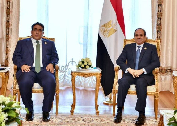 President Abdel Fattah El Sisi (R) during his meeting on Tuesday with Head of Libya’s Presidential Council Mohamed al-Menfi.