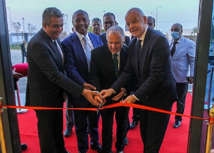 (From L-R): EFA president Ahmed Megahed, Patrice Motsepe, Hani Abou Rida and FIFA President Gianni Infantino during the inauguration of the new EFA Technical Center and Headquarters in the 6th of October city, Cairo.