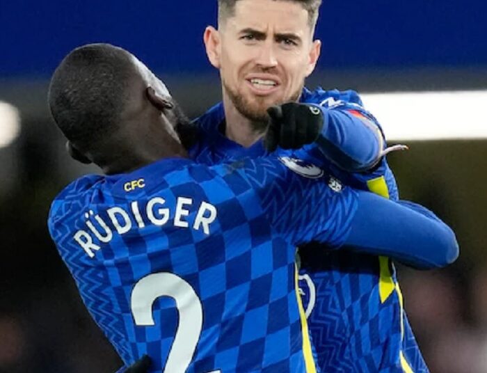 Chelsea's Jorginho celebrates with Antonio Rudiger (L) after scoring his side's first goal during their English Premier League in London.