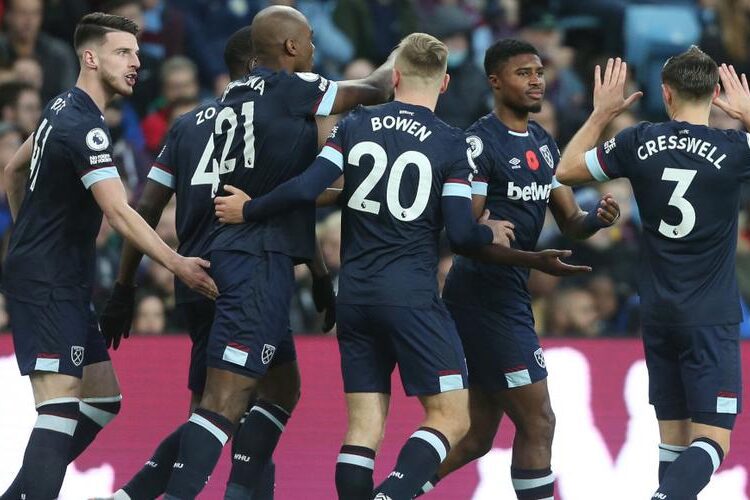 West Ham thumps Villa, Leeds moves of out danger 1 - Egyptian Gazette West Ham players celebrating after scoring against Aston Villa during their English Premier League match.