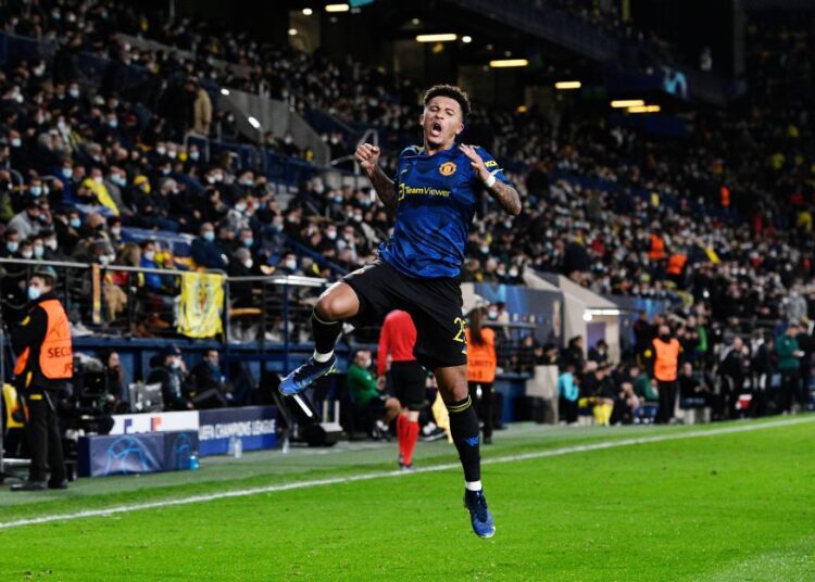 Manchester United's Jadon Sancho celebrates scoring their second goal against Villarreal at Estadio de la Ceramica, Villarreal.