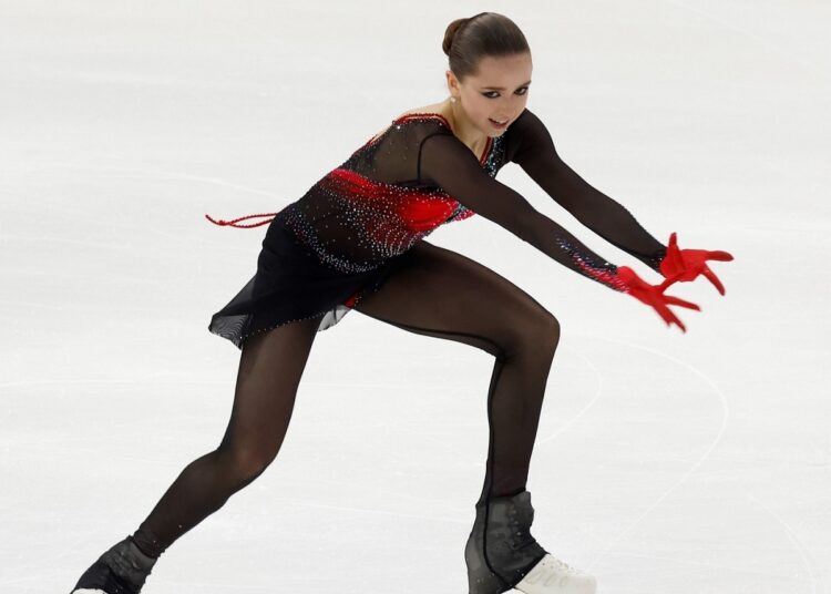 Kamila Valieva in action during the women’s free skate at the 2021 Rostelecom Cup in Sochi, Russia.