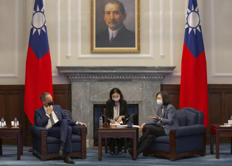 Taiwan's President Tsai Ing-wen, (R) talks with Raphael Glucksmann, the chair of the EU's foreign interference committee during a meeting in Taipei, Taiwan on Thursday, November 4, 2021.