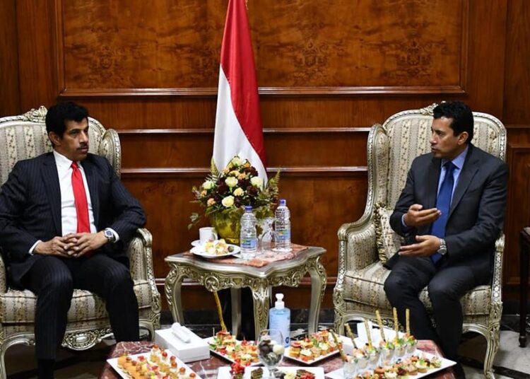 Minister of Youth and Sports Ashraf Sobhi during talks yesterday with Qatari Ambassador in Cairo Salem bin Mubarak al-Shafi.