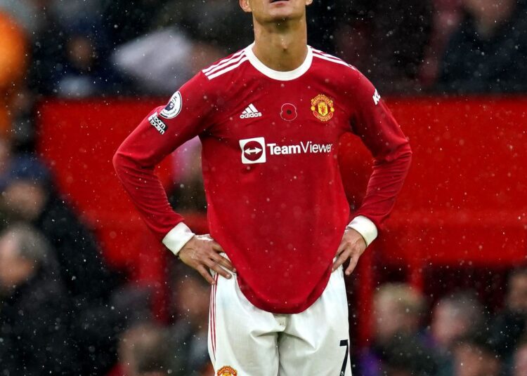 Manchester United's Cristiano Ronaldo reacts after Manchester City's Bernardo Silva scored his side's second goal during their English Premier League match on Nov. 6, 2021.