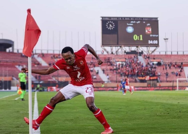 Al-Ahly’s South African winger Percy Tau celebrates after scoring against Smouha at Al-Salam Stadium.