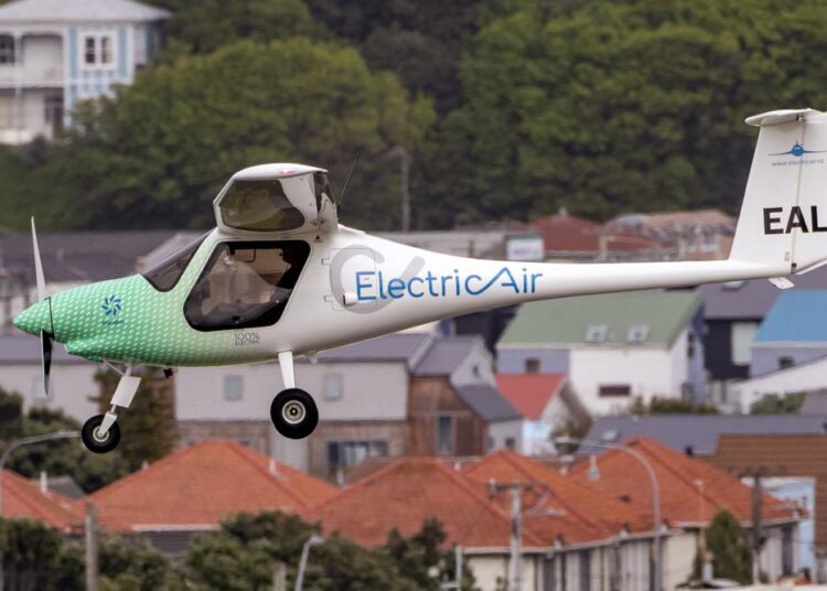 The ElectricAir plane is on approach before landing at Wellington Airport in Wellington, New Zealand, Monday, November 1, 2021.