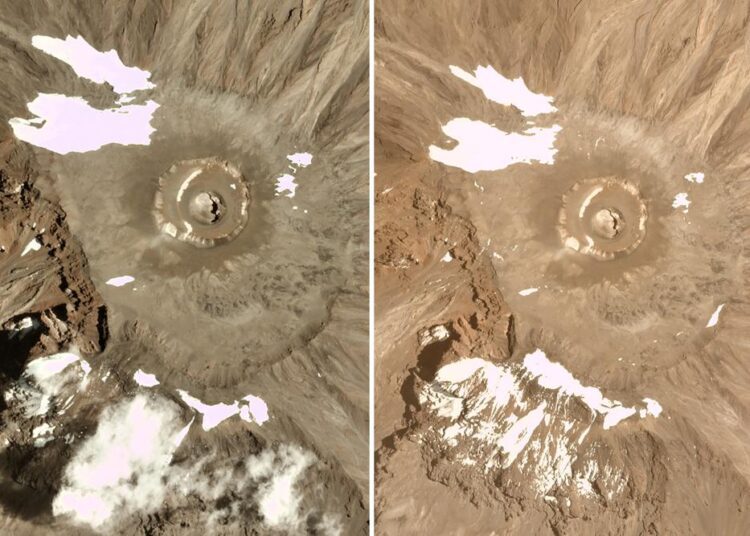This combination of satellite images provided by Planet Labs Inc. shows glaciers at Mt. Kilimanjaro in Tanzania in 2016, (L) and 2021.