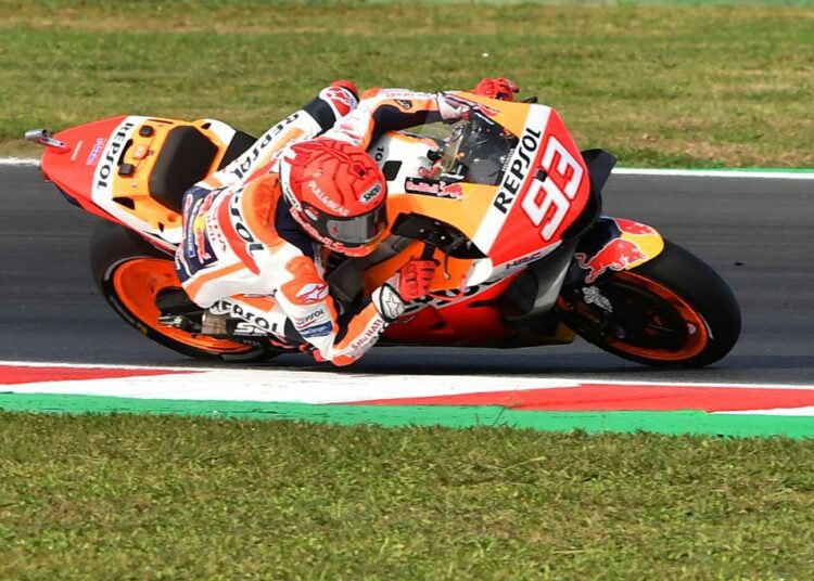 Repsol Honda's Marc Marquez in action during the Emilia Romagna Grand Prix in Misano, Italy October 24, 2021.