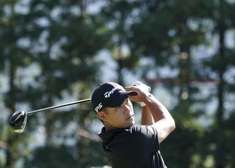 Collin Morikawa of the United States hits his tee shot on the fourth hole during the final round of the Zozo Championship golf tournament at Accordia Golf Narashino Country Club on Sunday.